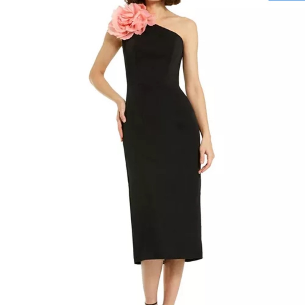 Mac Duggal Crepe One Shoulder Midi Dress with Flower